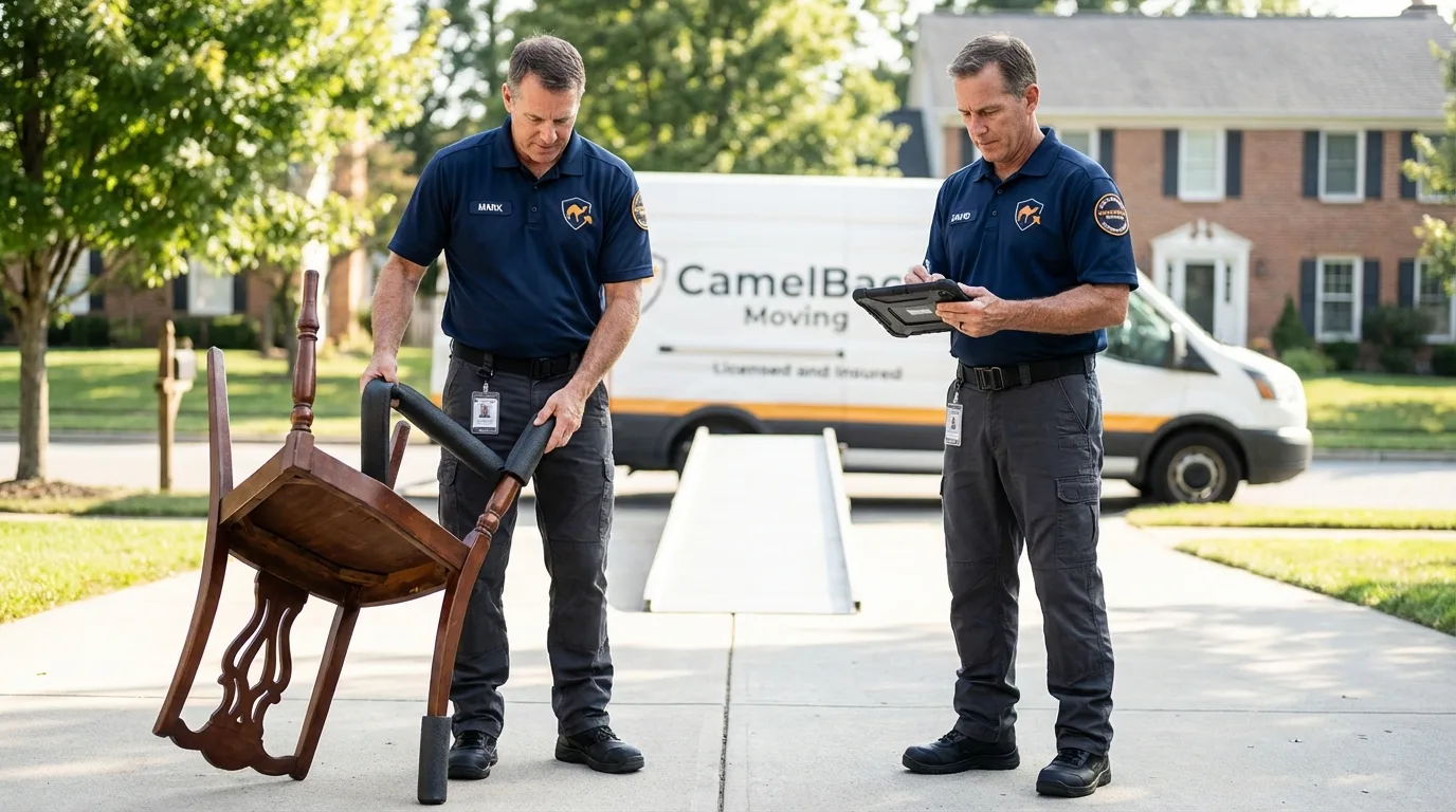 Movers inspecting furniture for damage prevention before loading in Seminole, TX